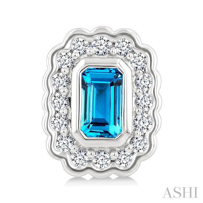 7X5 MM Octagon Shape Blue Topaz and 1.60 MM Round Cut White Topaz Semi-Precious Bold Earrings in Sterling Silver