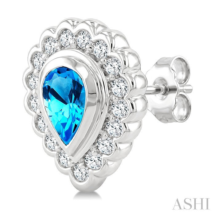 7X5 MM Pear Cut Blue Topaz and 1.6 MM Round Cut White Topaz Semi-Precious Bold Earrings in Sterling Silver