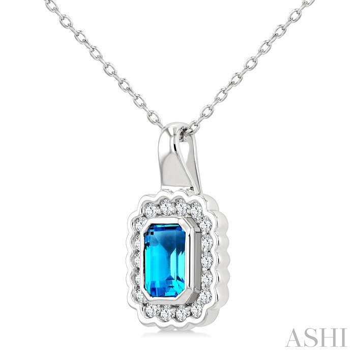 8X6 MM Octagon Shape Blue Topaz and 1.90 MM Round Cut White Topaz Semi-Precious Bold Pendant With Chain in Sterling Silver