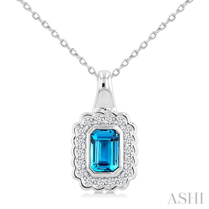 8X6 MM Octagon Shape Blue Topaz and 1.90 MM Round Cut White Topaz Semi-Precious Bold Pendant With Chain in Sterling Silver