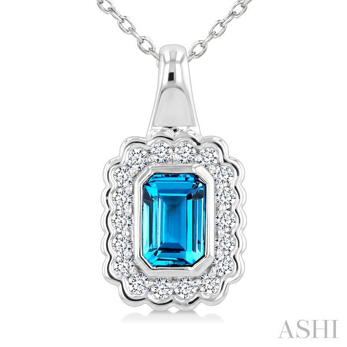 8X6 MM Octagon Shape Blue Topaz and 1.90 MM Round Cut White Topaz Semi-Precious Bold Pendant With Chain in Sterling Silver