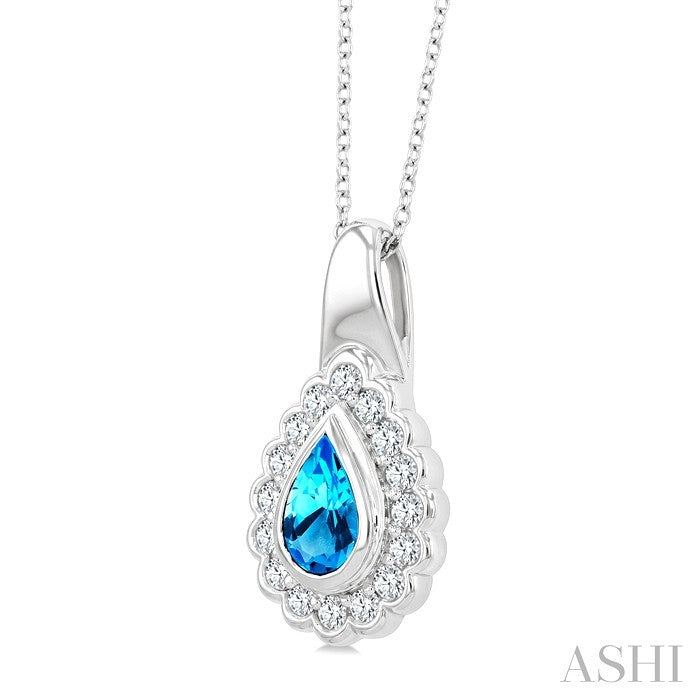 8X5 MM Pear Cut Blue Topaz and 1.9 MM Round Cut White Topaz Semi-Precious Bold Pendant With Chain in Sterling Silver