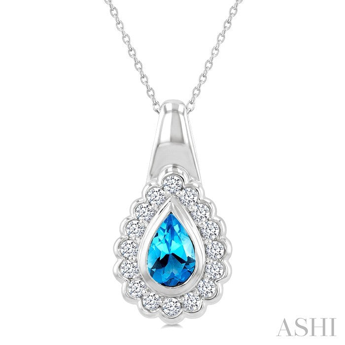 8X5 MM Pear Cut Blue Topaz and 1.9 MM Round Cut White Topaz Semi-Precious Bold Pendant With Chain in Sterling Silver