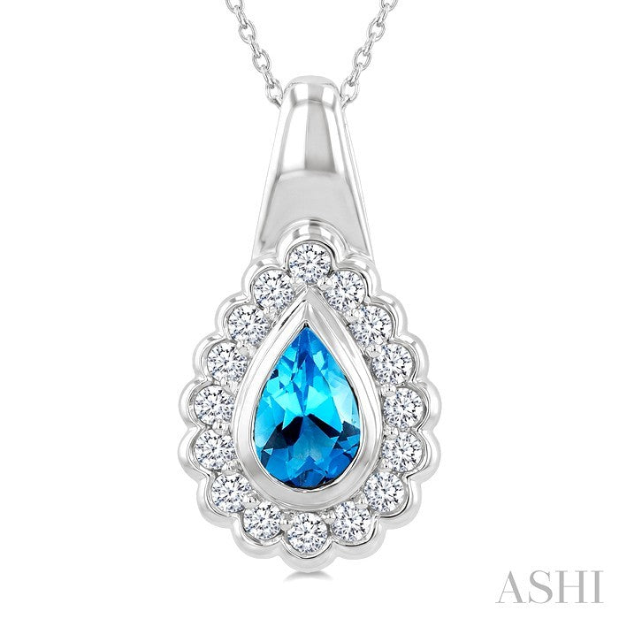 8X5 MM Pear Cut Blue Topaz and 1.9 MM Round Cut White Topaz Semi-Precious Bold Pendant With Chain in Sterling Silver