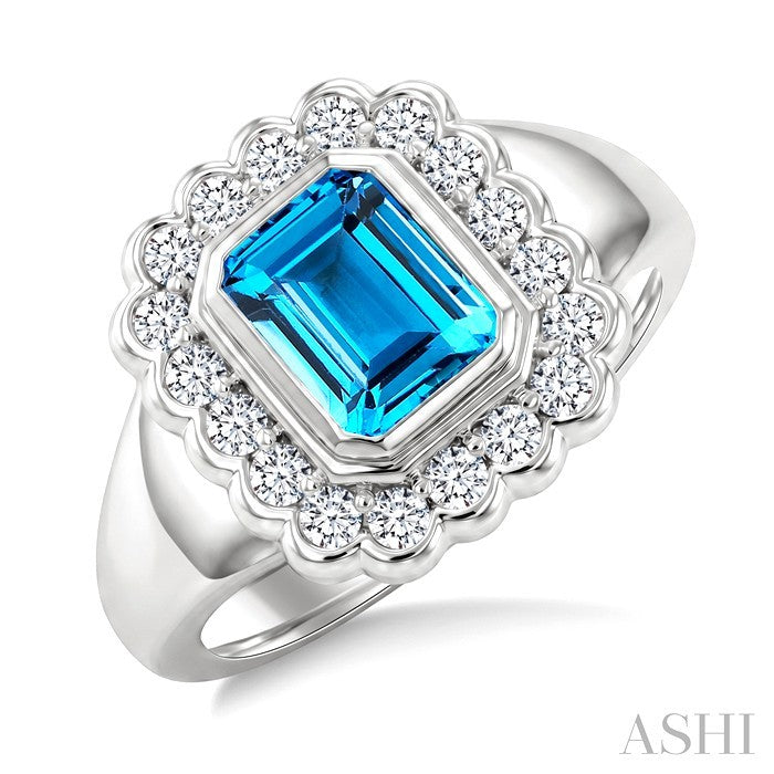 8X6 MM Octagon Shape Blue Topaz and 1.90 MM Round Cut White Topaz Semi-Precious Bold Ring in Sterling Silver