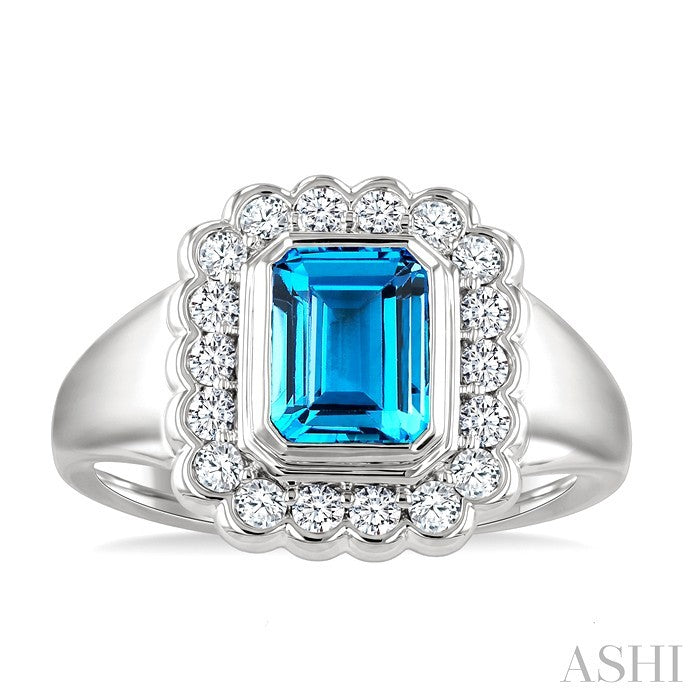 8X6 MM Octagon Shape Blue Topaz and 1.90 MM Round Cut White Topaz Semi-Precious Bold Ring in Sterling Silver
