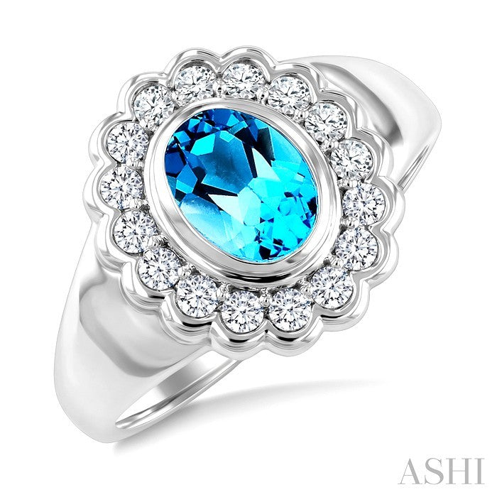 8X6 MM Oval Cut Blue Topaz and 1.9 MM Round Cut White Topaz Semi-Precious Bold Ring in Sterling Silver