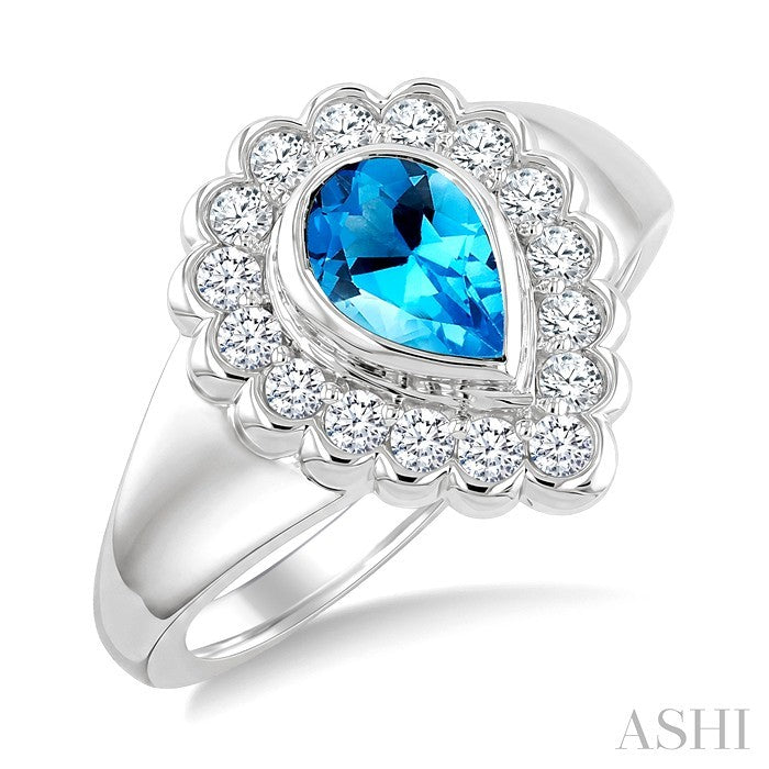 8X5 MM Pear Cut Blue Topaz and 1.9 MM Round Cut White Topaz Semi-Precious Bold Ring in Sterling Silver