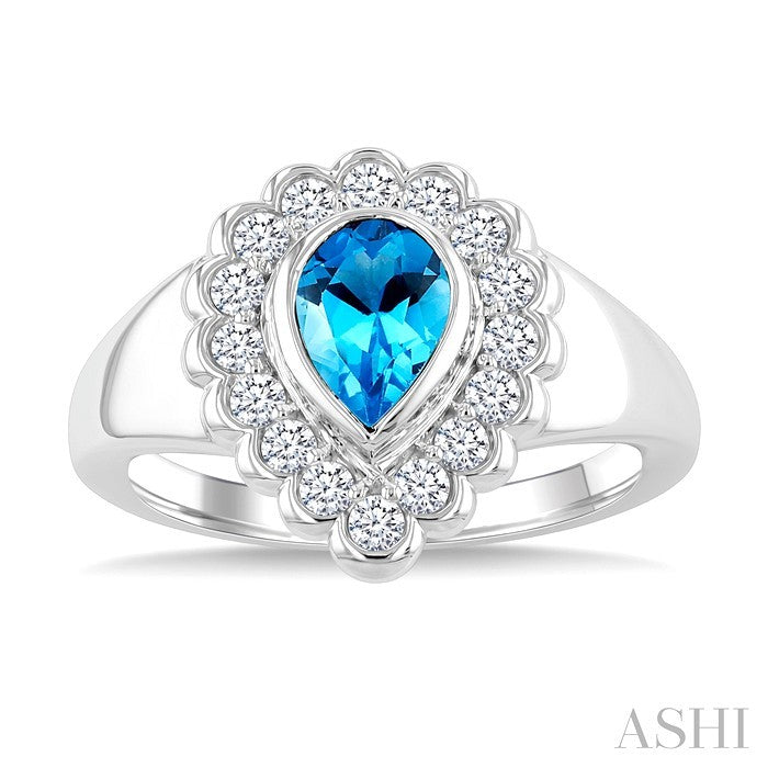 8X5 MM Pear Cut Blue Topaz and 1.9 MM Round Cut White Topaz Semi-Precious Bold Ring in Sterling Silver