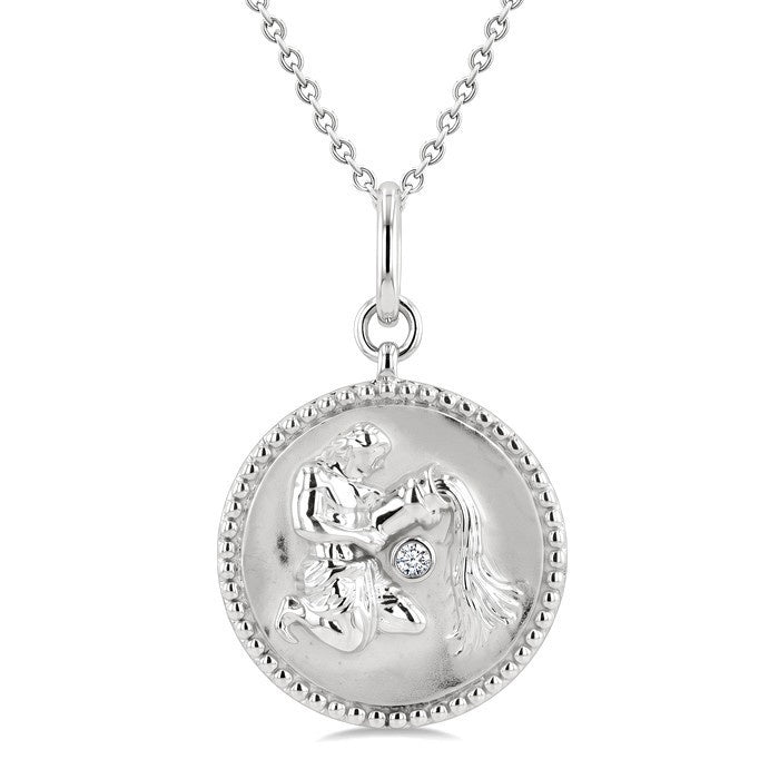 1/50 Ctw Round Cut Diamond Aquarius Zodiac Medallion Pendant With Chain in Sterling Silver