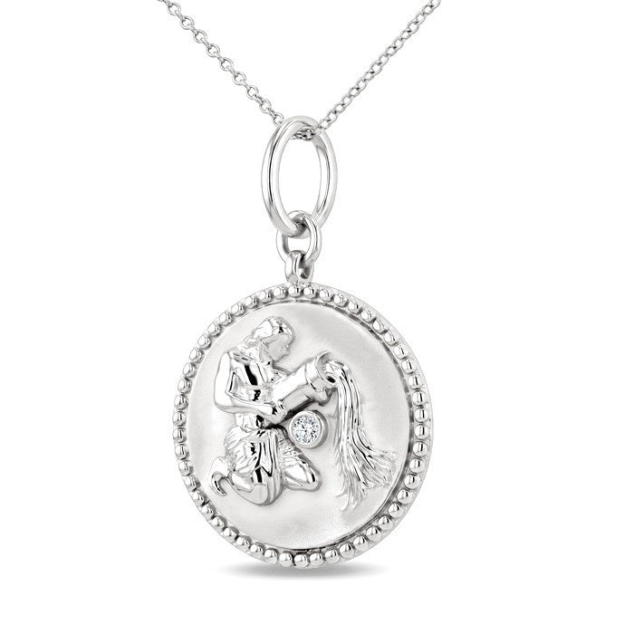 1/50 Ctw Round Cut Diamond Aquarius Zodiac Medallion Pendant With Chain in Sterling Silver