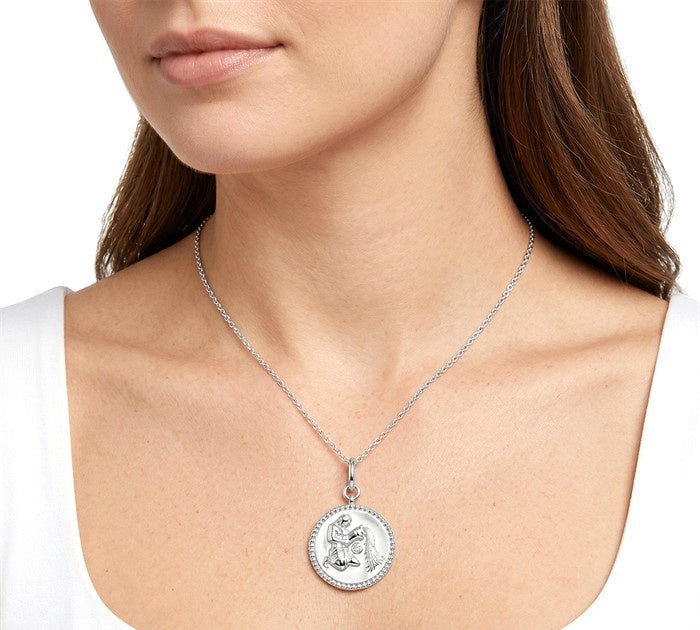 1/50 Ctw Round Cut Diamond Aquarius Zodiac Medallion Pendant With Chain in Sterling Silver