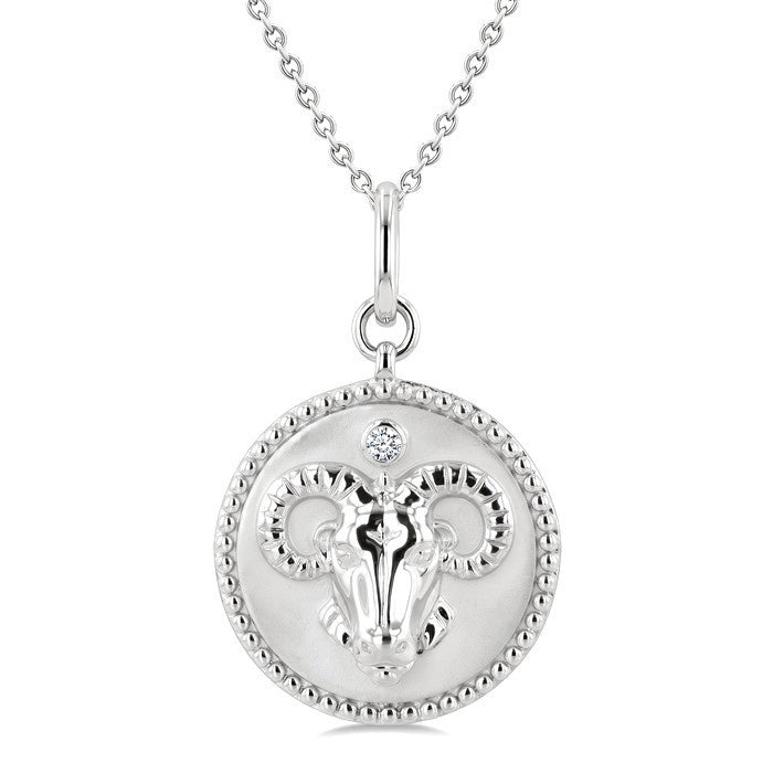 1/50 Ctw Round Cut Diamond Aries Zodiac Medallion Pendant With Chain in Sterling Silver