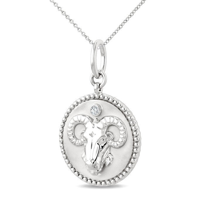1/50 Ctw Round Cut Diamond Aries Zodiac Medallion Pendant With Chain in Sterling Silver