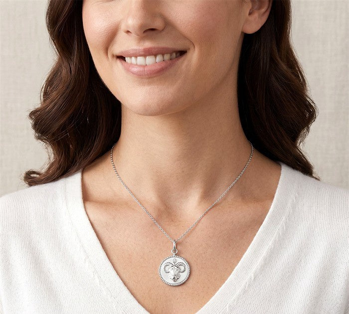 1/50 Ctw Round Cut Diamond Aries Zodiac Medallion Pendant With Chain in Sterling Silver