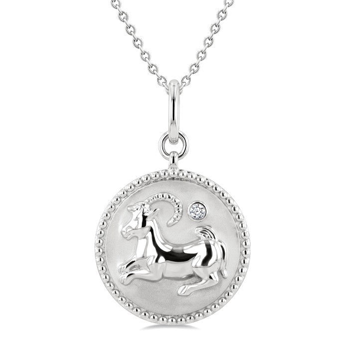 1/50 Ctw Round Cut Diamond Capricorn Zodiac Medallion Pendant With Chain in Sterling Silver