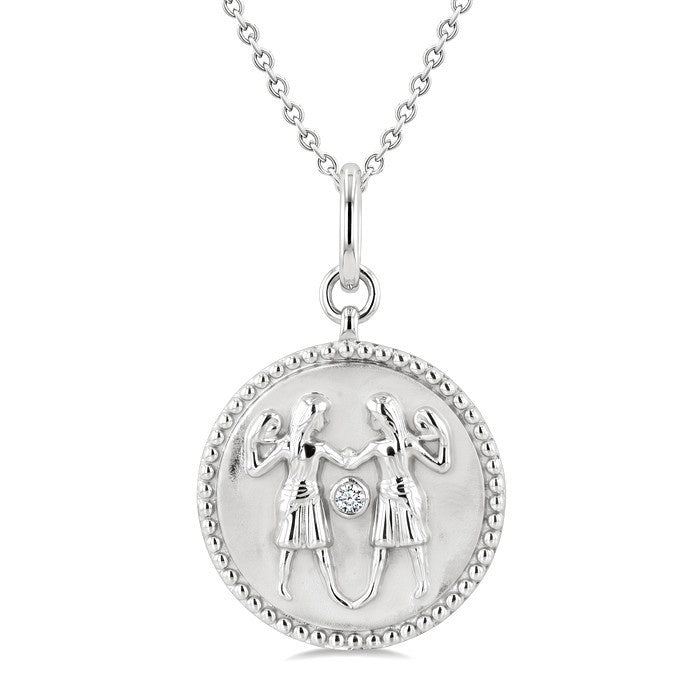 1/50 Ctw Round Cut Diamond Gemini Zodiac Medallion Pendant With Chain in Sterling Silver