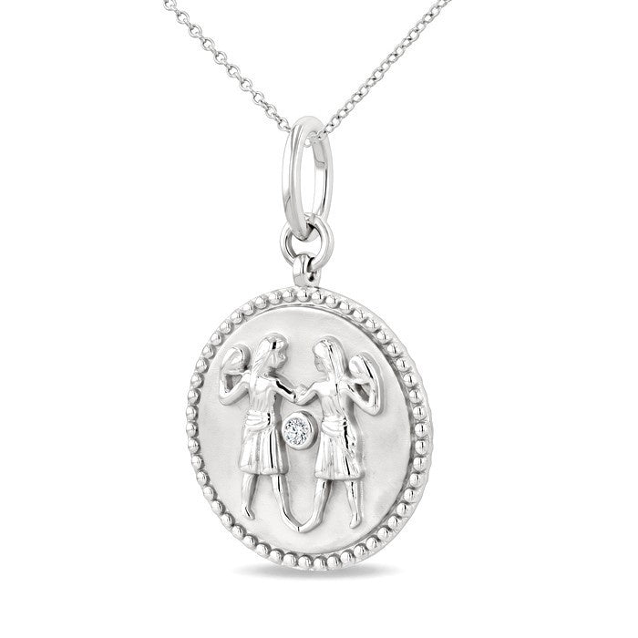 1/50 Ctw Round Cut Diamond Gemini Zodiac Medallion Pendant With Chain in Sterling Silver