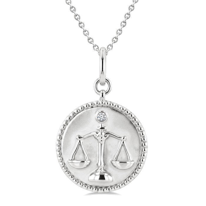 1/50 Ctw Round Cut Diamond Libra Zodiac Medallion Pendant With Chain in Sterling Silver