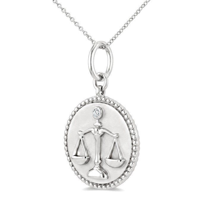 1/50 Ctw Round Cut Diamond Libra Zodiac Medallion Pendant With Chain in Sterling Silver