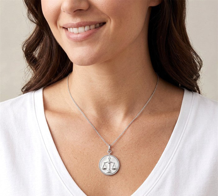 1/50 Ctw Round Cut Diamond Libra Zodiac Medallion Pendant With Chain in Sterling Silver