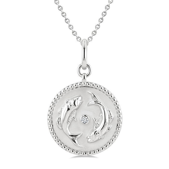 1/50 Ctw Round Cut Diamond Pisces Zodiac Medallion Pendant With Chain in Sterling Silver