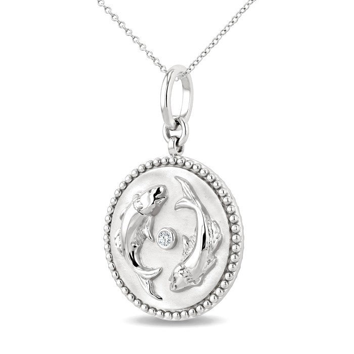 1/50 Ctw Round Cut Diamond Pisces Zodiac Medallion Pendant With Chain in Sterling Silver