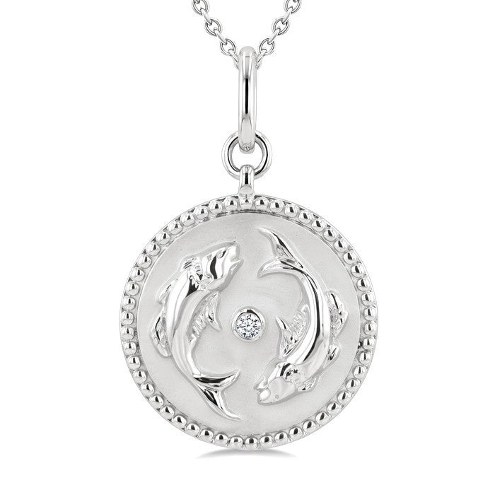 1/50 Ctw Round Cut Diamond Pisces Zodiac Medallion Pendant With Chain in Sterling Silver