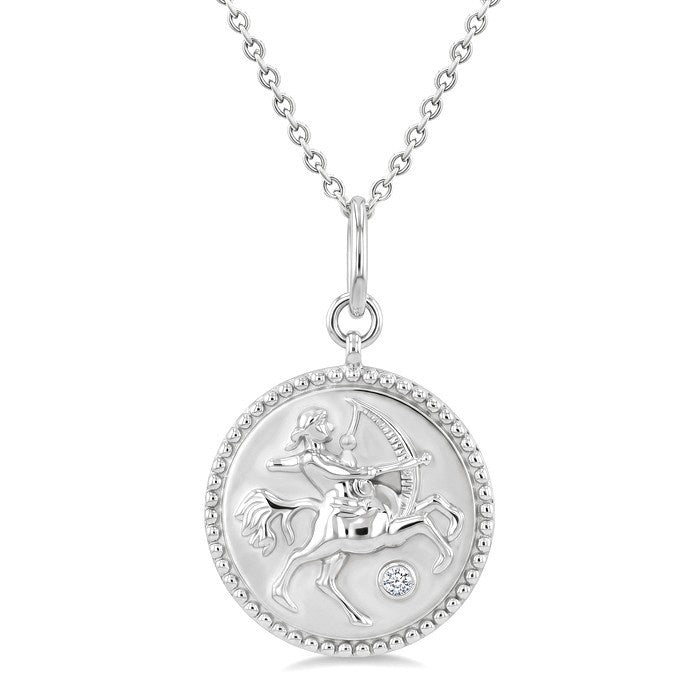 1/50 Ctw Round Cut Diamond Sagittarius Zodiac Medallion Pendant With Chain in Sterling Silver