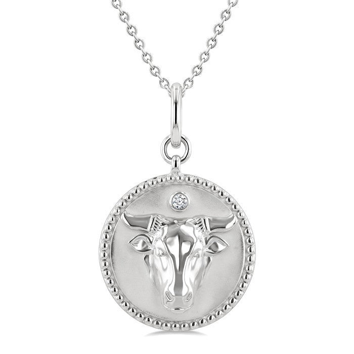 1/50 Ctw Round Cut Diamond Taurus Zodiac Medallion Pendant With Chain in Sterling Silver