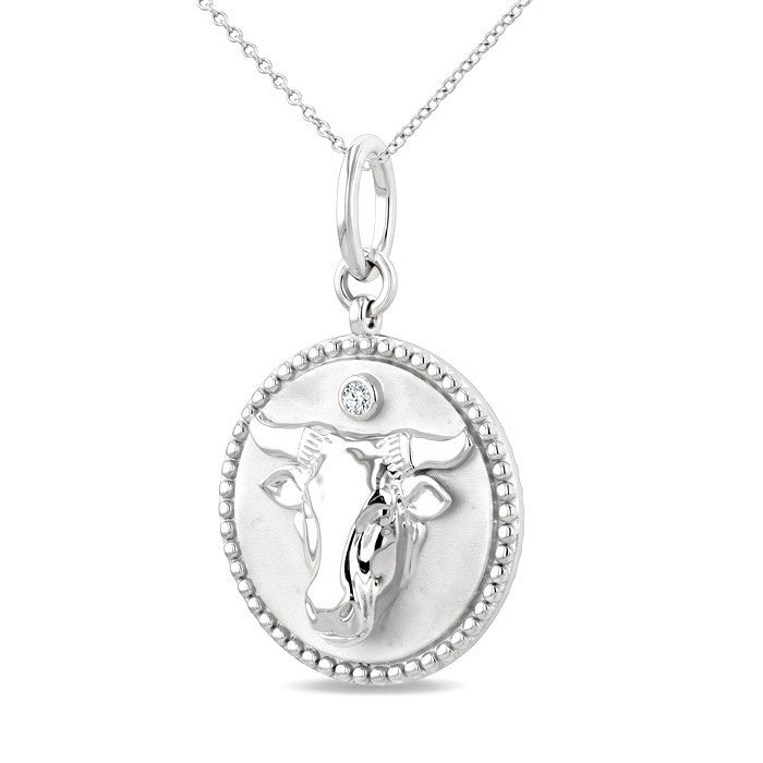 1/50 Ctw Round Cut Diamond Taurus Zodiac Medallion Pendant With Chain in Sterling Silver