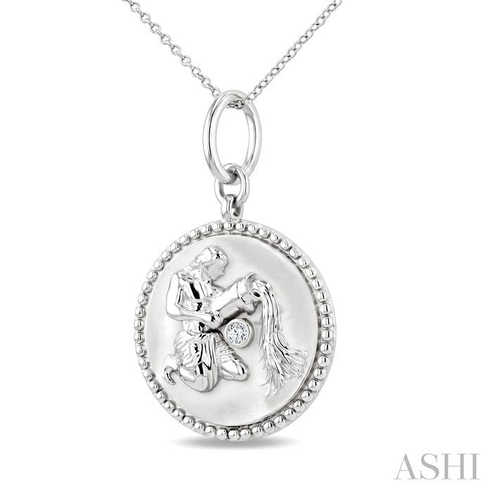 1/50 Ctw Round Cut Diamond Aquarius Zodiac Medallion Pendant With Chain in Sterling Silver