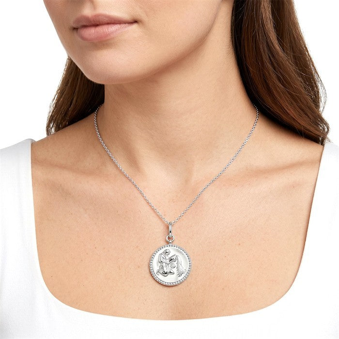 1/50 Ctw Round Cut Diamond Aquarius Zodiac Medallion Pendant With Chain in Sterling Silver