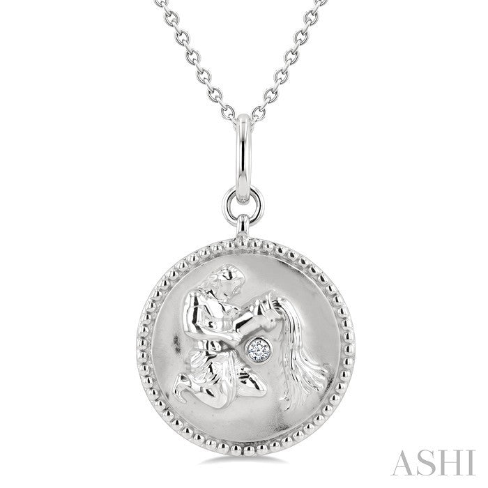 1/50 Ctw Round Cut Diamond Aquarius Zodiac Medallion Pendant With Chain in Sterling Silver