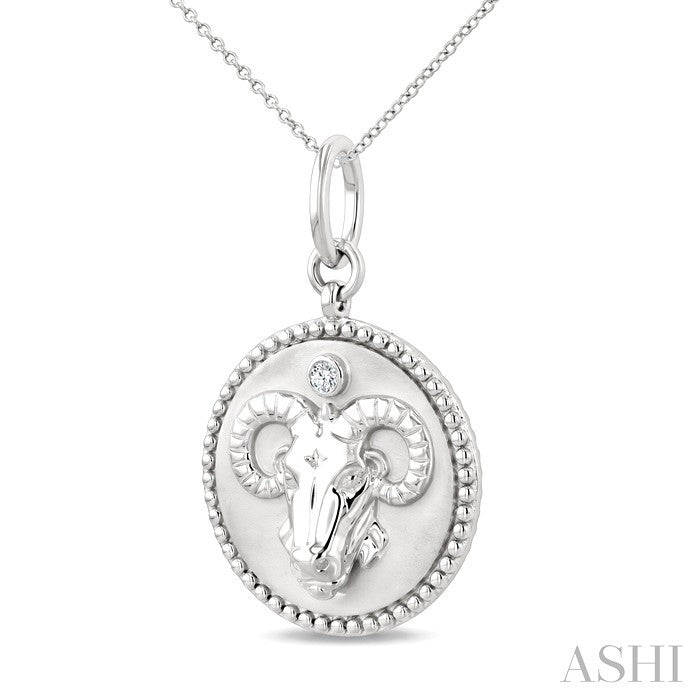1/50 Ctw Round Cut Diamond Aries Zodiac Medallion Pendant With Chain in Sterling Silver