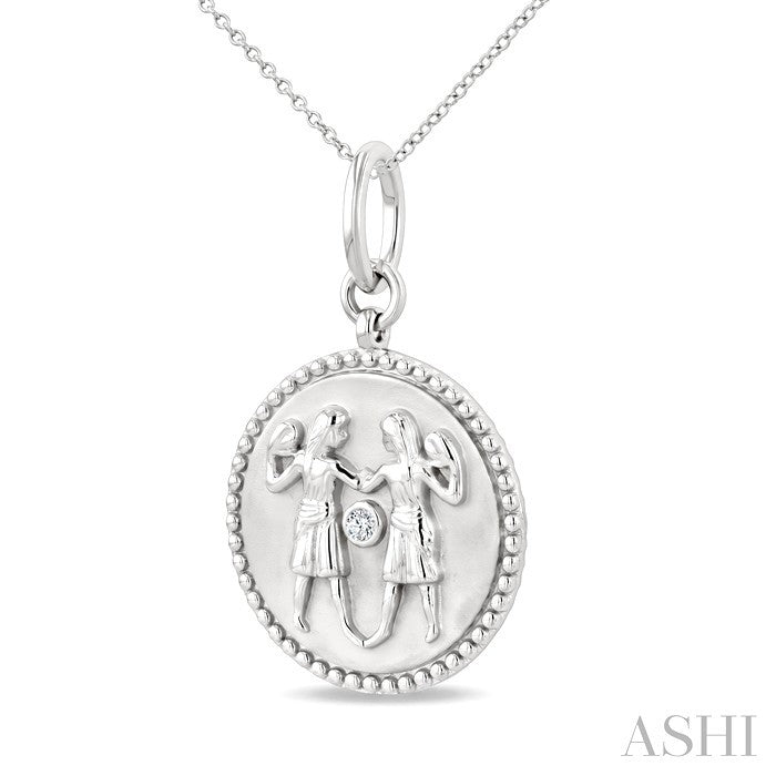1/50 Ctw Round Cut Diamond Gemini Zodiac Medallion Pendant With Chain in Sterling Silver