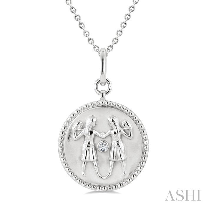 1/50 Ctw Round Cut Diamond Gemini Zodiac Medallion Pendant With Chain in Sterling Silver