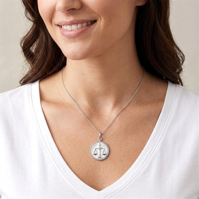 1/50 Ctw Round Cut Diamond Libra Zodiac Medallion Pendant With Chain in Sterling Silver