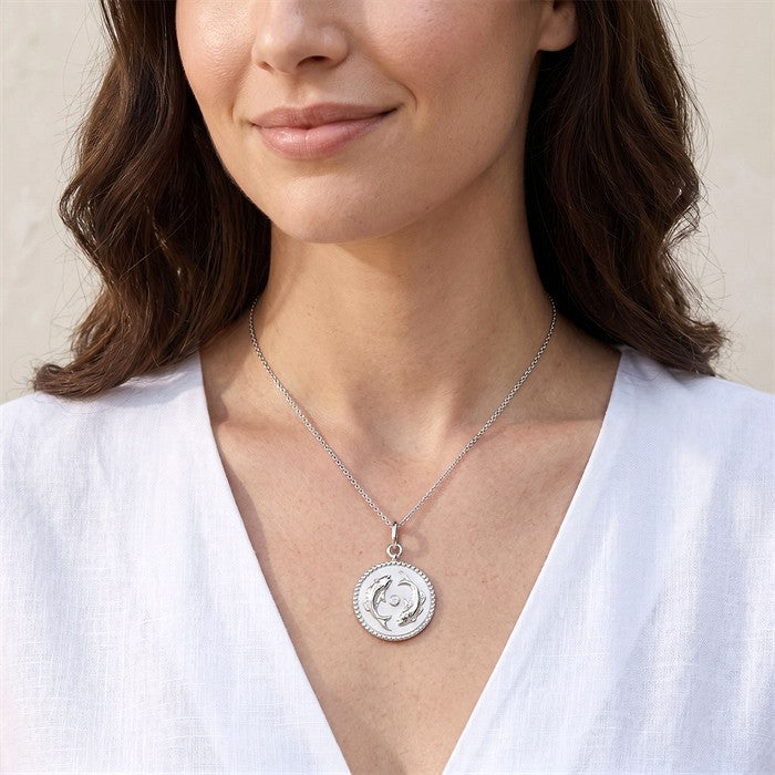 1/50 Ctw Round Cut Diamond Pisces Zodiac Medallion Pendant With Chain in Sterling Silver