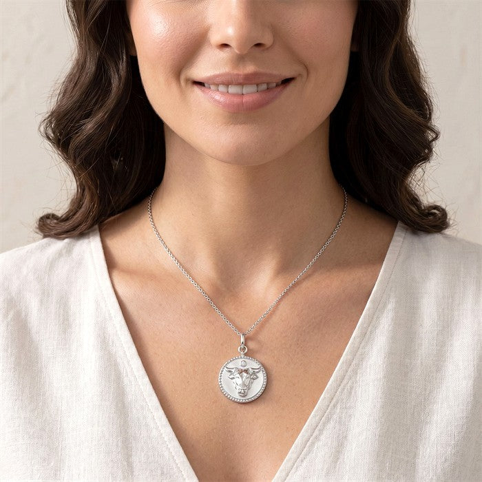 1/50 Ctw Round Cut Diamond Taurus Zodiac Medallion Pendant With Chain in Sterling Silver