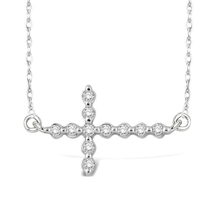 1/10 Ctw Round Cut Diamond Sideway Cross Pendant With Chain in Sterling Silver