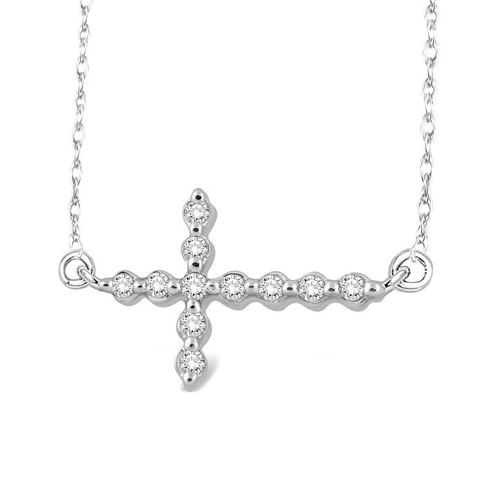 1/10 Ctw Round Cut Diamond Sideway Cross Pendant With Chain in Sterling Silver