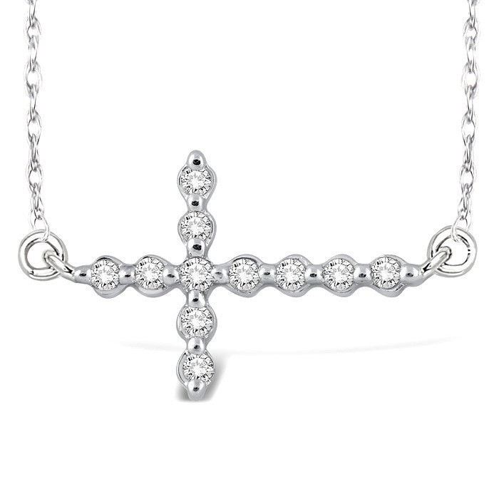 1/10 Ctw Round Cut Diamond Sideway Cross Pendant With Chain in Sterling Silver