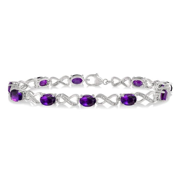7x5 MM Oval Cut Amethyst and 1/10 Ctw Round Cut Diamond Semi-Precious Infinity Bracelet in Sterling Silver