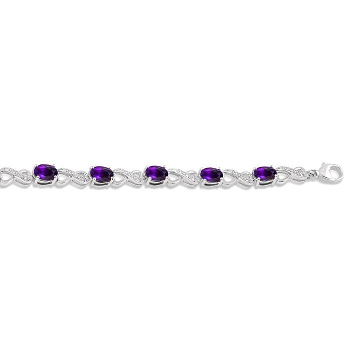 7x5 MM Oval Cut Amethyst and 1/10 Ctw Round Cut Diamond Semi-Precious Infinity Bracelet in Sterling Silver