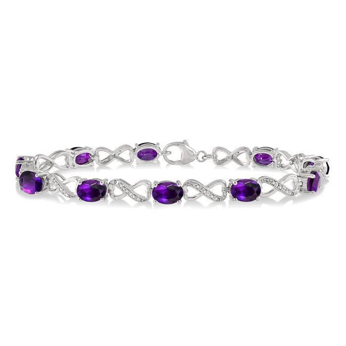 Silver Oval Shape Amethyst Gemstone & 1/10CTW Diamond Bracelet
