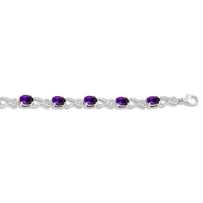 Silver Oval Shape Amethyst Gemstone & 1/10CTW Diamond Bracelet