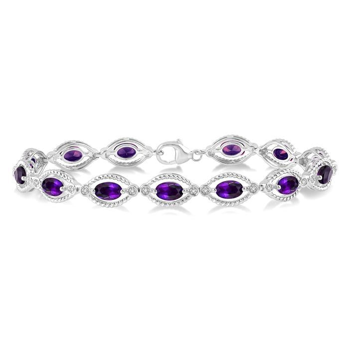 6x4 MM Oval Cut Amethyst and 1/10 Ctw Round Cut Diamond Semi-Precious Bracelet in Sterling Silver