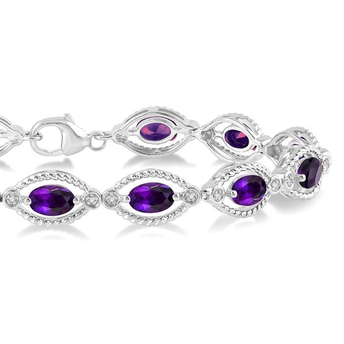 6x4 MM Oval Cut Amethyst and 1/10 Ctw Round Cut Diamond Semi-Precious Bracelet in Sterling Silver
