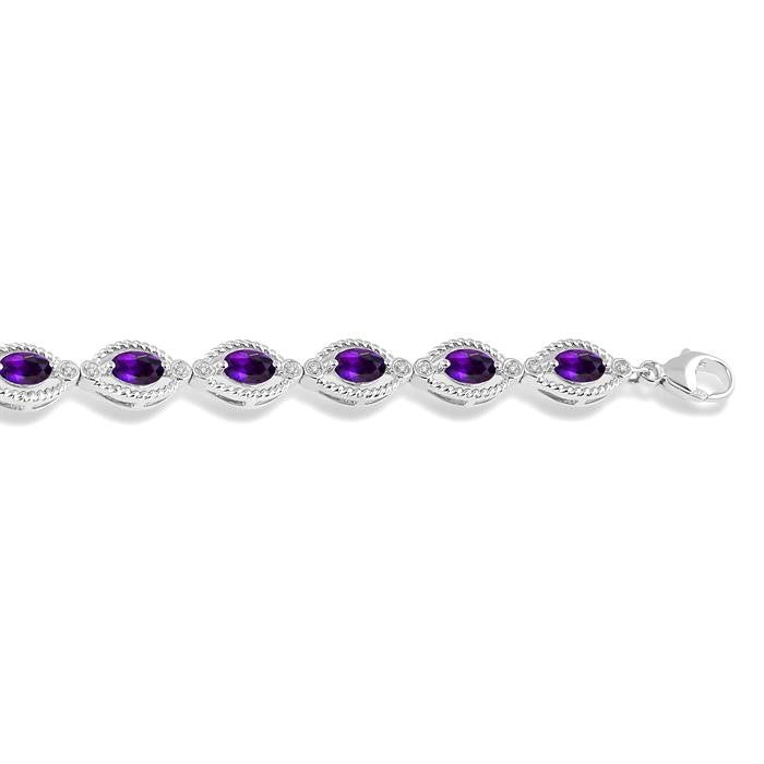 6x4 MM Oval Cut Amethyst and 1/10 Ctw Round Cut Diamond Semi-Precious Bracelet in Sterling Silver